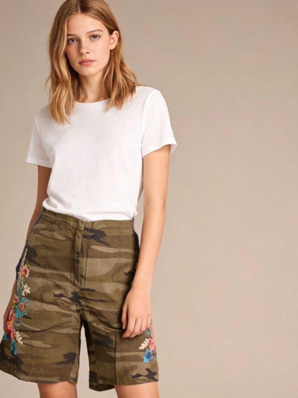 NWOT Johnny Was Camo Linen Embroidered Floral Boho Shorts Pockets Szie S/W31
